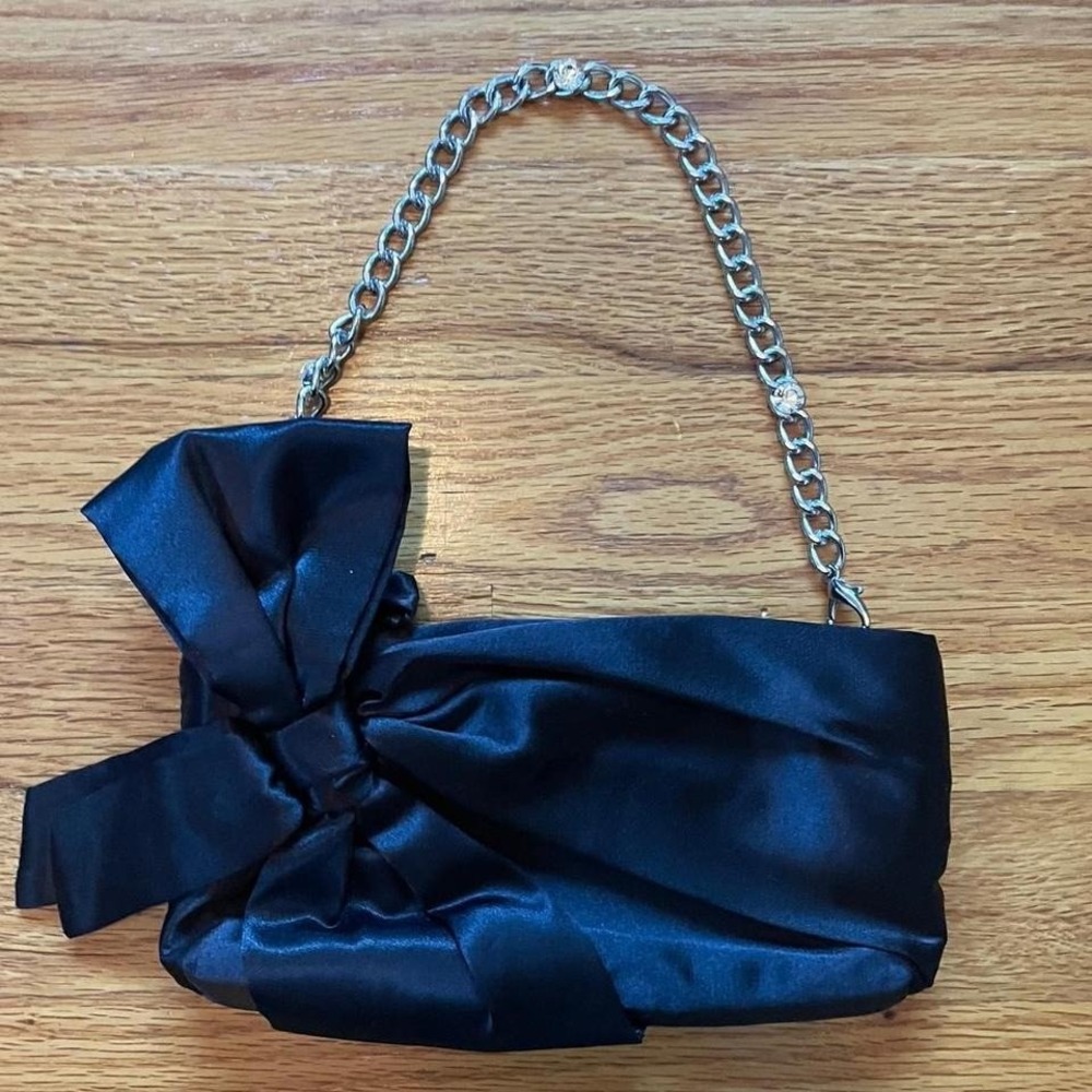Black Satin Bow Clutch Mini Purse Glam Y2k Rhinestones WHBM Asymmetrical 90s
